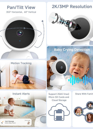 ARENTI Baby Monitor with 2 Cameras, 2K/3MP WiFi 6 Camera and Audio, 5-inch Wireless Screen, Smartphone App, Super Night Vision, Crying Detection, Auto Tracking, Temp&Humidity Sensor (D3 Set)