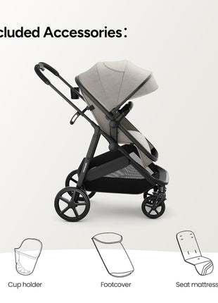 Mompush Wiz 2-in-1 Bassinet Stroller Reversible Seat, One-Hand Fold, Khaki | Newborn to toddler, large wheels with suspension, multi-position recline, UPF 50+ canopy, large basket, cup holder included
