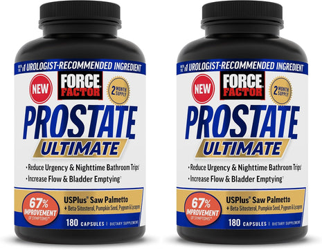Force Factor Prostate Ultimate, Prostate Health Supplement for Men with Nettle & Saw Palmetto, #1 Urologist Recommended Ingredient to Support Urinary Flow, Bladder Emptying, 180 Caps (Pack of 2)