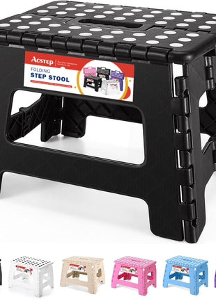 Folding Step Stool 9 Inch, Non-Slip Foldable Stools for Kids, Black | Heavy Duty Collapsible Foot Stool, Lightweight, Holds 300 lb for Toddler/Adults Kitchen Bathroom Bedroom Outdoor, with Handle