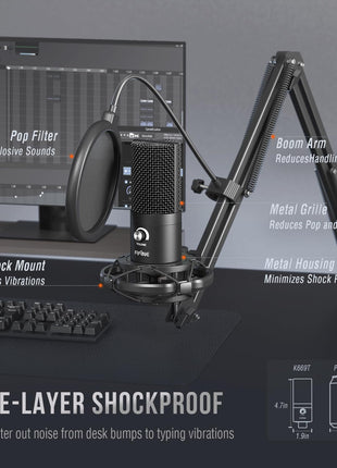 FIFINE Studio Condenser USB Microphone Computer PC Microphone Kit with Adjustable Boom Arm Stand Shock Mount for Instruments Voice Overs Recording Podcasting YouTube Vocal Gaming Streaming-T669