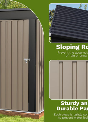 Patiowell 5x3 FT Outdoor Storage Shed, Tool Shed with Sloping Roof and Lockable Door, Metal Shed for Backyard Garden Patio Lawn, Brown