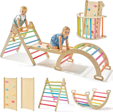 Tiny Land Pikler Triangle Set, 7-in-1 Foldable Climbing Toys Set for Kids | Baby Indoor Playground Jungle Gym, Wooden Montessori Climbing Set for Toddler,Ideal Gift for Kids (Rainbow)