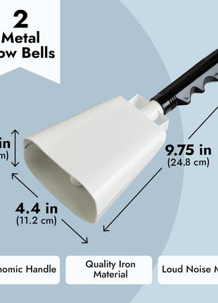 BLUE PANDA 2 Pack Cow Bells - Cowbells for Sporting Events - Percussion Noise Makers with Handle for Football Games, Stadiums (White Cowbell) 9.5-inch Cow Bell