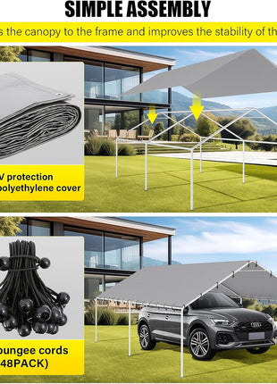 DWALE 10 x 20 Ft Carport,Replacement Canopy Cover Garage Top Tent Shelter Tarp,Grey with 48 Ball Bungee Cords Waterproof & UV Protected (Only Tarp Cover, Frame Not Include)