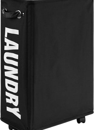 DOKEHOM 25 Inches Slim Laundry Basket on Wheels, Collapsible Rolling Laundry Hamper, Foldable Narrow Corner Clothes Storage Bins (Black)