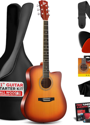 Pyle Steel String Acoustic Guitar Kit, 4/4 Full Size Cutaway All-Wood Guitarra Acustica with Premium Accessory Set and Upgraded Gig Bag, 41" Cherry Burst Glossy