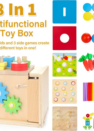 Kizfarm Wooden Montessori Baby Toys, 8-in-1 Wooden Play Kit Includes Object Permanent Box, Coin Box, Carrot Harvest, Shape Sorting & Stacking - Birthday Gift for Boys Girls Toddlers