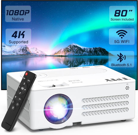 TMY Projector with WiFi and Bluetooth【80" screen included】Native 1080P Outdoor Projector, 4K Supported Portable Projector, Compatible with iOS/Android/PC/TV Stick/HDMI/USB, Indoor Outdoor Use