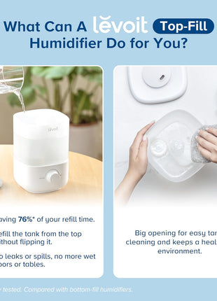 Levoit Top Fill Humidifiers for Bedroom, 2.5L Tank for Large Room, 28dB | Easy to Fill & Clean, Quiet Cool Mist Air Humidifier for Home Baby Nursery & Plants, Auto Shut-off for Safety, 25H Lasting