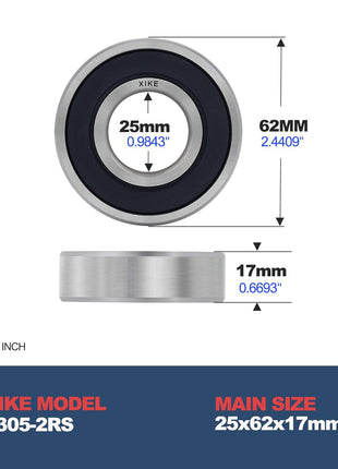XiKe 10 Pcs 6305-2RS Double Rubber Seal Bearings 25x62x17mm, Pre-Lubricated and Stable Performance and Cost Effective, Deep Groove Ball Bearings.