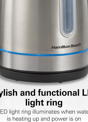 Hamilton Beach 1.7 Liter Electric Tea Kettle, Water Boiler & Heater | Fast Boiling 1500 Watts | BPA Free | Cordless Serving | Auto-Shutoff & Boil-Dry Protection | LED Light Ring | Stainless Steel