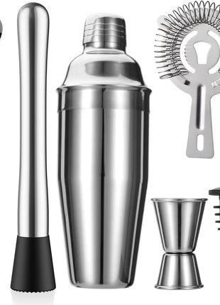 ZPUFAW 6-Piece Cocktail Shaker Set Bartender Kit Drink Shaker Bar Set | 24oz Martini Shaker, Strainer, Muddler, Jigger, Mixing Spoon, Pour Spout, Recipe Guide Stainless Steel Set Housewarming Gift