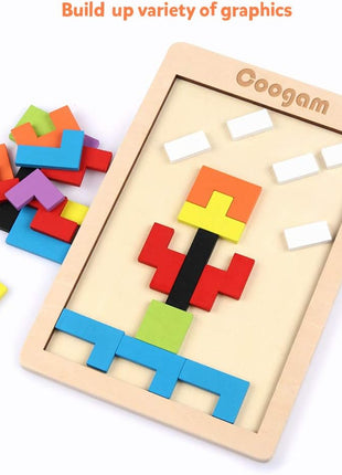 Coogam Wooden Blocks Puzzle Brain Teasers Toy Tangram Jigsaw Intelligence Colorful 3D Russian Blocks Game STEM Montessori Educational Gift for Kids (40 Pcs) | Wooden Puzzle Box Brain Game Building Block Intelligence Educational Gift for Toddlers