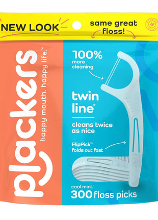 Plackers Twin Line Dental Floss Picks, Dual-Line Tuffloss, Easy Storage, Cool Mint Flavor, 300 Count