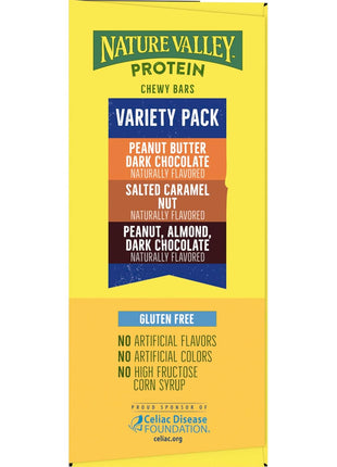 Nature Valley Protein Bars Variety Pack, Gluten Free Chewy Granola Snack Bars, 10g Protein, Peanut Butter Dark Chocolate, Salted Caramel Nut, Peanut Almond Dark Chocolate, 15 Count, 21.3 oz Box