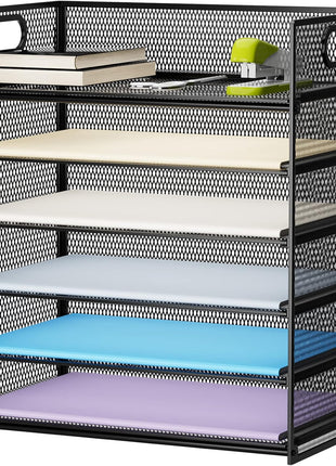 Marbrasse 6 Tier Paper Organizer Letter Tray - Mesh Desk File Organizer with Handle, Paper Sorter Organizer for Letter/A4 Office File Folder Holder - Black