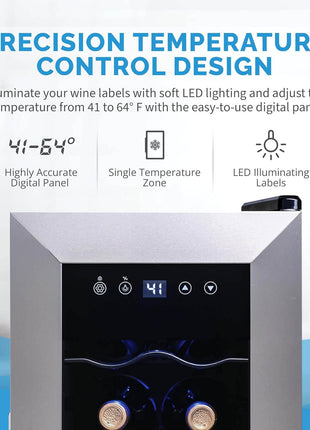 NewAir 12 Bottle Wine Cooler Refrigerator | Freestanding Wine Fridge | Stainless Steel, Double-Layer Tempered Glass Door, Quiet Compressor | 41F-64F Digital Temperature Control For Reds & Whites Wine