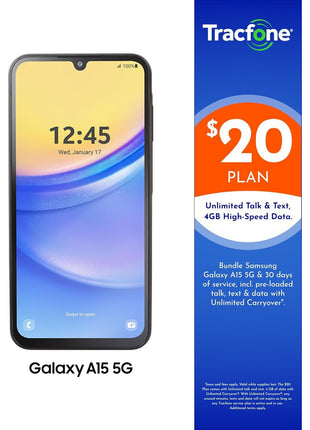 Tracfone Samsung Galaxy A15 5G Phone - 64GB, $20 30-Day Plan, Black | Prepaid Smartphone [Activation Promotion] Affordable 5G bundled with a $20 30-day plan Locked to Tracfone