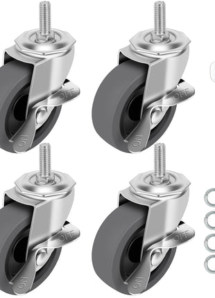 WHARSTM Caster Wheels, 3 inch Locking Swivel Stem Casters Set of 4, 3/8 inch-16 x 1 (Screw Diameter 3/8 inch, Length 1 inch) Rubber Casters with 360 Degree No Noise Wheels for Furniture