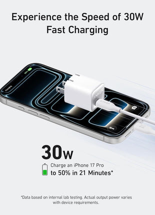 Anker Nano USB C Charger Block, 30W PIQ 3.0 Foldable iPhone Charger Fast Charging for iPhone 16/15 Series, Galaxy, iPad, Compatible with MagSafe