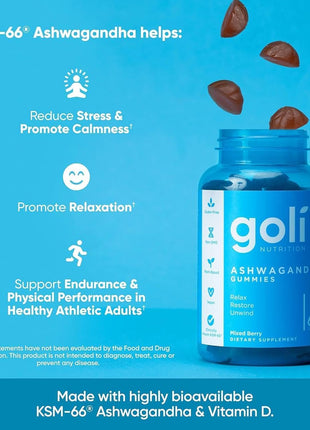 Goli Ashwagandha & Vitamin D Gummy   60 Count   Mixed Berry, KSM 66, Vegan, Plant Based, Non GMO, Gluten Free & Gelatin Free Relax. Restore. Unwind, Pack of 1