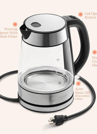 Speed-Boil Electric Kettle For Coffee & Tea - 1.7L Water Boiler 1500W, Borosilicate Glass, Easy Clean Wide Opening, Auto Shut-Off, Cool Touch Handle, LED Light. 360° Rotation, Boil Dry Protection