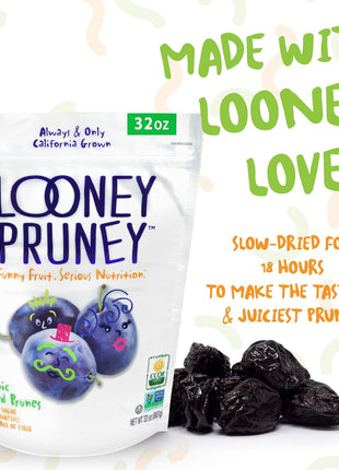 Looney Pruney Organic Pitted Dried Prunes for the Entire Family | Always California-Grown | Kosher | No Added Sugar & No Preservatives (32 oz)