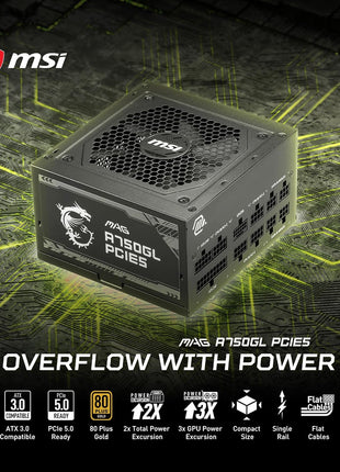 MSI MAG A750GL PCIE5, Fully Modular Compact Gaming 750W Power Supply, 80+ Gold, ATX 3.1 & PCIe 5.1 Ready, Native Dual-Color 12V-2x6 Cable, 10 Year Warranty
