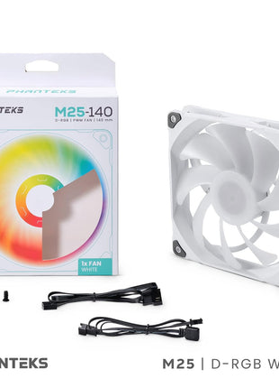 Phanteks M25-140 D-RGB Fan, High-Airflow Radiator Performance, PWM Control up to 1800RPM, ARGB/DRGB Lighting, Daisy-Chain Cable (White Matte Blade/White Fan Frame (Single))