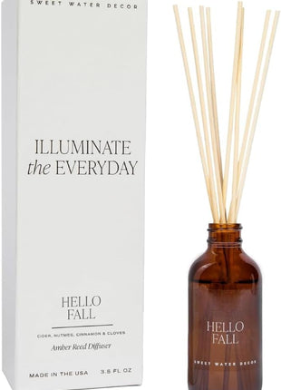 Sweet Water Decor Hello Fall Reed Diffuser Set - Hot Cider, Cinnamon, Cloves, Apple, and Nutmeg Fall Scented Diffuser - Scent Diffusers for Home, Fall Home Decor Long Lasting Fragrance Made in the USA