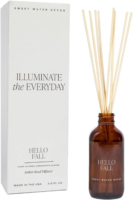 Sweet Water Decor Hello Fall Reed Diffuser Set - Hot Cider, Cinnamon, Cloves, Apple, and Nutmeg Fall Scented Diffuser - Scent Diffusers for Home, Fall Home Decor Long Lasting Fragrance Made in the USA