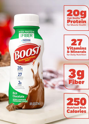 BOOST High Protein with Fiber Ready to Drink Complete Nutritional Drink, Rich Chocolate, 8 fl oz Bottle, 24 Pack