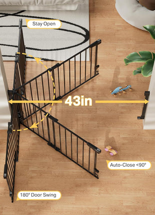 Cumbor 29.2–43" Baby Gate for Stairs, Hardware Mounted (Drill Required), Expandable No Bottom Bar Dog Gate, Auto Close Extra Wide Walk Thru, Pet & Toddler Proof Gate, Top & Bottom of Stairways(Black)