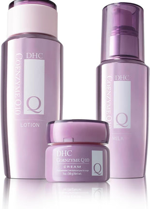DHC CoQ10 Collection, featuring CoQ10 Lotion 5.4 fl oz, CoQ10 Milk 3.3 oz Net wt., and CoQ10 Cream 1 oz Net wt.