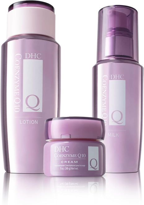 DHC CoQ10 Collection, featuring CoQ10 Lotion 5.4 fl oz, CoQ10 Milk 3.3 oz Net wt., and CoQ10 Cream 1 oz Net wt.