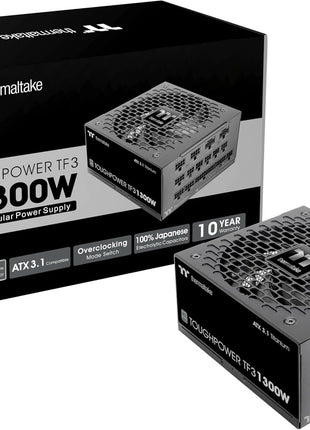 Thermaltake Toughpower TF3 1300W; 2X Native PCIe 5.1 12V-2x6; Dual-Color H++ Connectors; Etched Flat Cables; Multi/Single Rail OCM Toggle; 100% Japanese Capacitors; 80+ Titanium; PS-TPD-1300FNFATU-1
