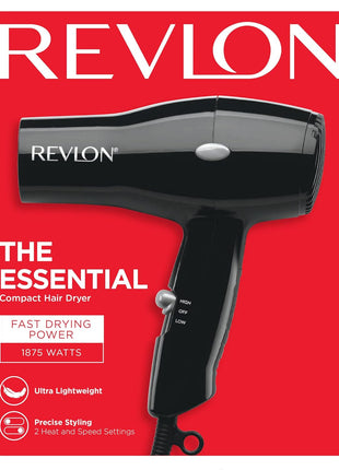Revlon Compact Hair Dryer | 1875W Lightweight Design, Perfect for Travel, (Black)