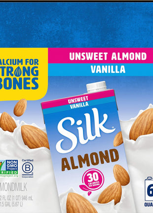 Silk Shelf-Stable Almond Milk, Unsweetened Vanilla, Dairy-Free, Vegan, Non-GMO Project Verified, 1 Quart (Pack of 6)