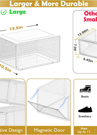Sturdy Clear Shoe Organizer with Magnetic Door, Stackable Shoe Storage Box | Thick Plastic Shoe Storage for Sneakers & Boots, Collapsible Closet Shoe Rack and Clear Shoe Box, 6 Pack White