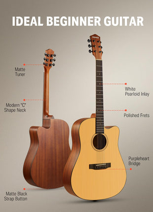 Donner 41 Acoustic Guitar Bundle for Beginners Adults with Online Lesson, 4/4 Full Size Steel Acustica Guitarra with Gig Bag, Tuner, Strap, Strings, Picks, Capos, Cutaway, Natural, DAG 1C/DAD 110C