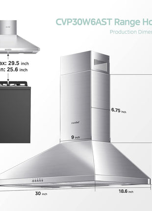 COMFEE' Wall Mount Range Hood 30 Inch, 450 CFM Ducted/Ductless Convertible | Stainless Steel Chimney-Style Vent Hood, 3-Speed Exhaust Fan with 2 LED Lights and 5-Layer Aluminum Permanent Filters