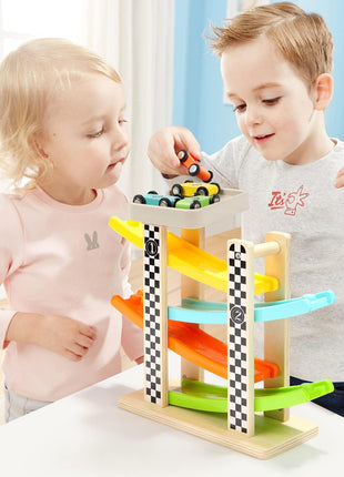 Toddler Toys for 1 2 Year Old Boy and Girl Gifts Wooden Race Track | Wooden ramp racer with 4 numbered mini cars and top parking; for indoor play, visual tracking, turn-taking, and repeat play