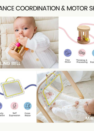 Tiny Land Montessori Baby Toy Set 0-3 Months 5 in 1 Sensory Kit | Mirror, black and white cards, rolling bell, play mat, bed wrap, tummy time, visual and auditory play, newborn gift
