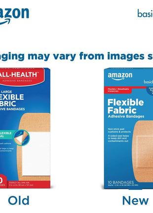 Amazon Basic Care Flexible Fabric Adhesive Bandages, XL (2 in x 4 in), Protection for All Skin Types, Flexible Stretch That Conform to Wounds, 10 Count