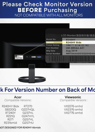 VIVO Quick Attach VESA Adapter Plate Mounting Bracket Designed for Compatible Acer and Viewsonic Monitors, R240HY bidx, SB220Q, RT240Y, R221Q, RT270, G227HQL, VX2276-smhd and More, Black, MOUNT-AR240H