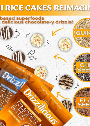 Drizzilicious Mini Rice Cakes Variety Pack- Rice Crisps, Healthy Snack for Adults and Kids, Flavored Rice Cakes, Vegan, Gluten Free Snack, Allergen Free, Only 90 Calories Per Bag- 0.74 oz (Pack of 12)