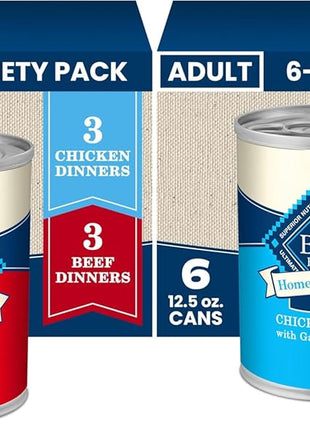 Blue Buffalo Homestyle Recipe Adult Wet Dog Food,Made with Natural Ingredients,Chicken and Beef Dinner Variety Pack,12.5-oz Cans,(Pack of 12)