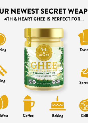 4th & Heart Original Grass-Fed Ghee, Clarified Butter, 1:1 Butter Substitute, Pasture-Raised, Lactose & Casein Free, 9 oz