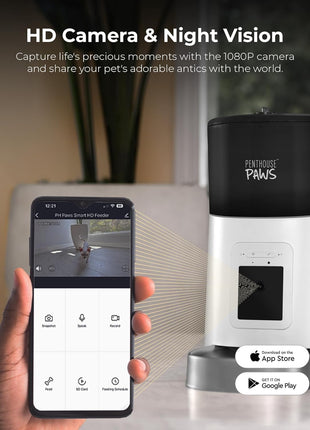 Penthouse Paws Smart HD Pet Feeder, 6L Dry Food Capacity, 1080p Camera, 2-Way Audio, Scheduled Meals, Backup Power, Easy to Clean, Anti-Jam Design for Cat & Dog, White/Stainless Steel
